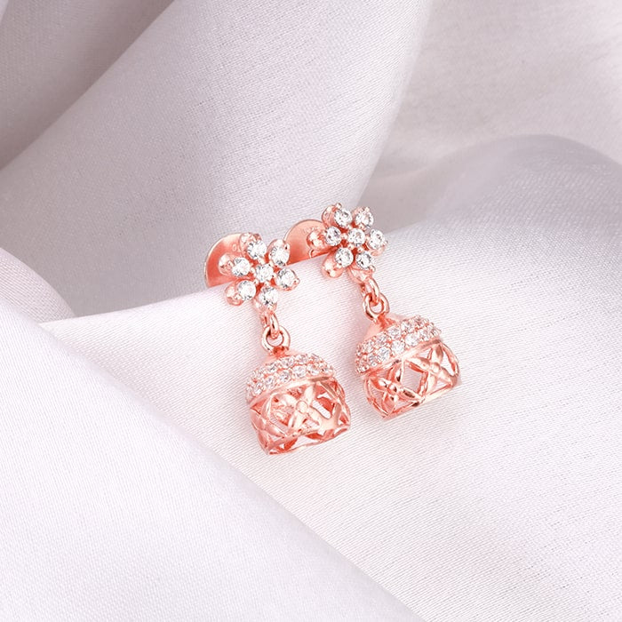 Rose Gold Floral Jaali Jhumki Earrings - Image 2