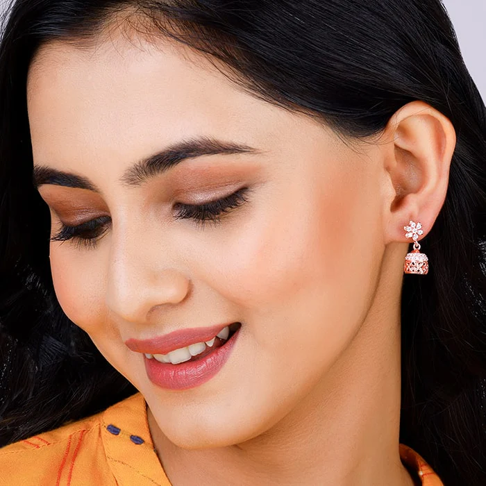 Rose Gold Floral Jaali Jhumki Earrings - Image 3