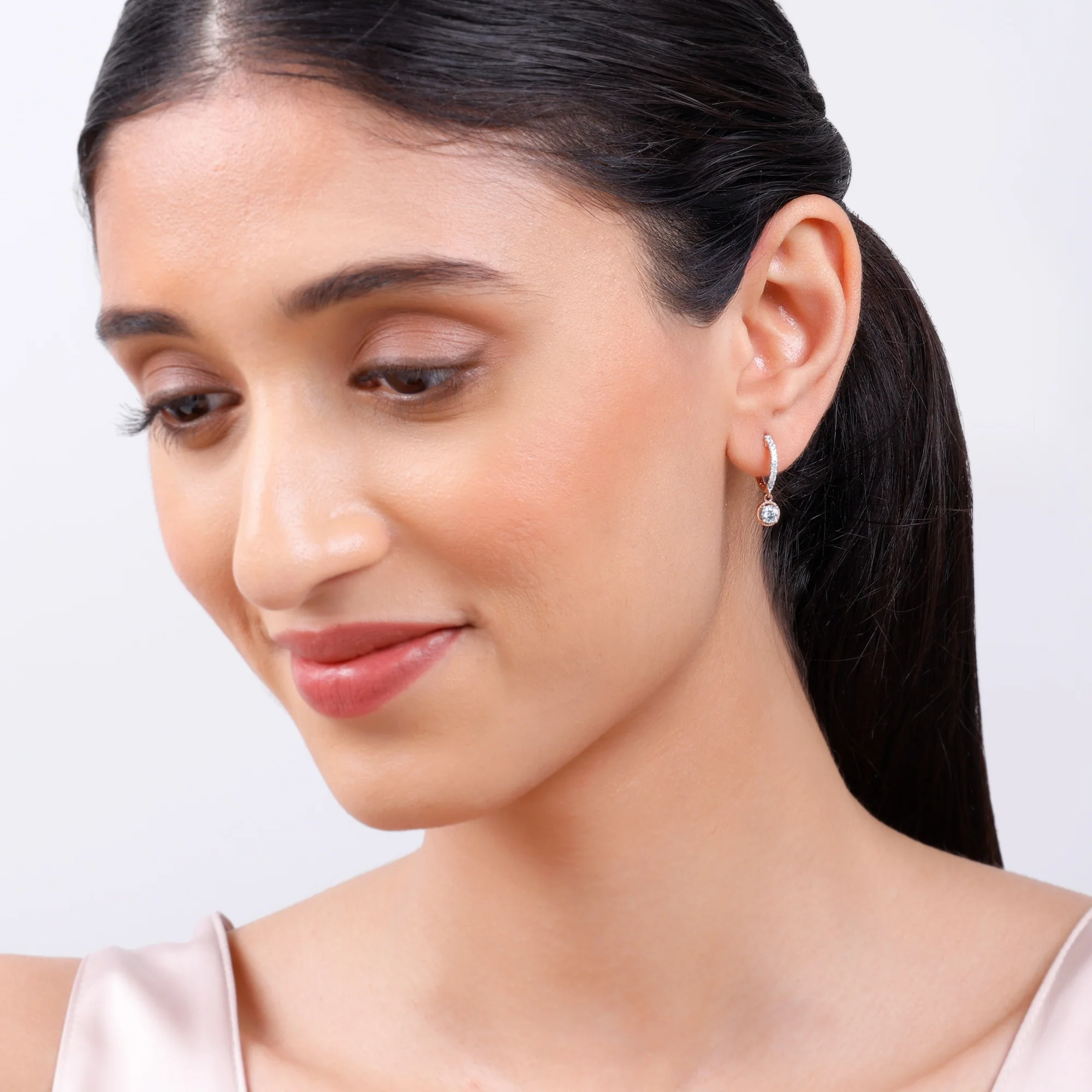Rose Gold Glittering Solitaire Diamond Drop Earrings - Image 3