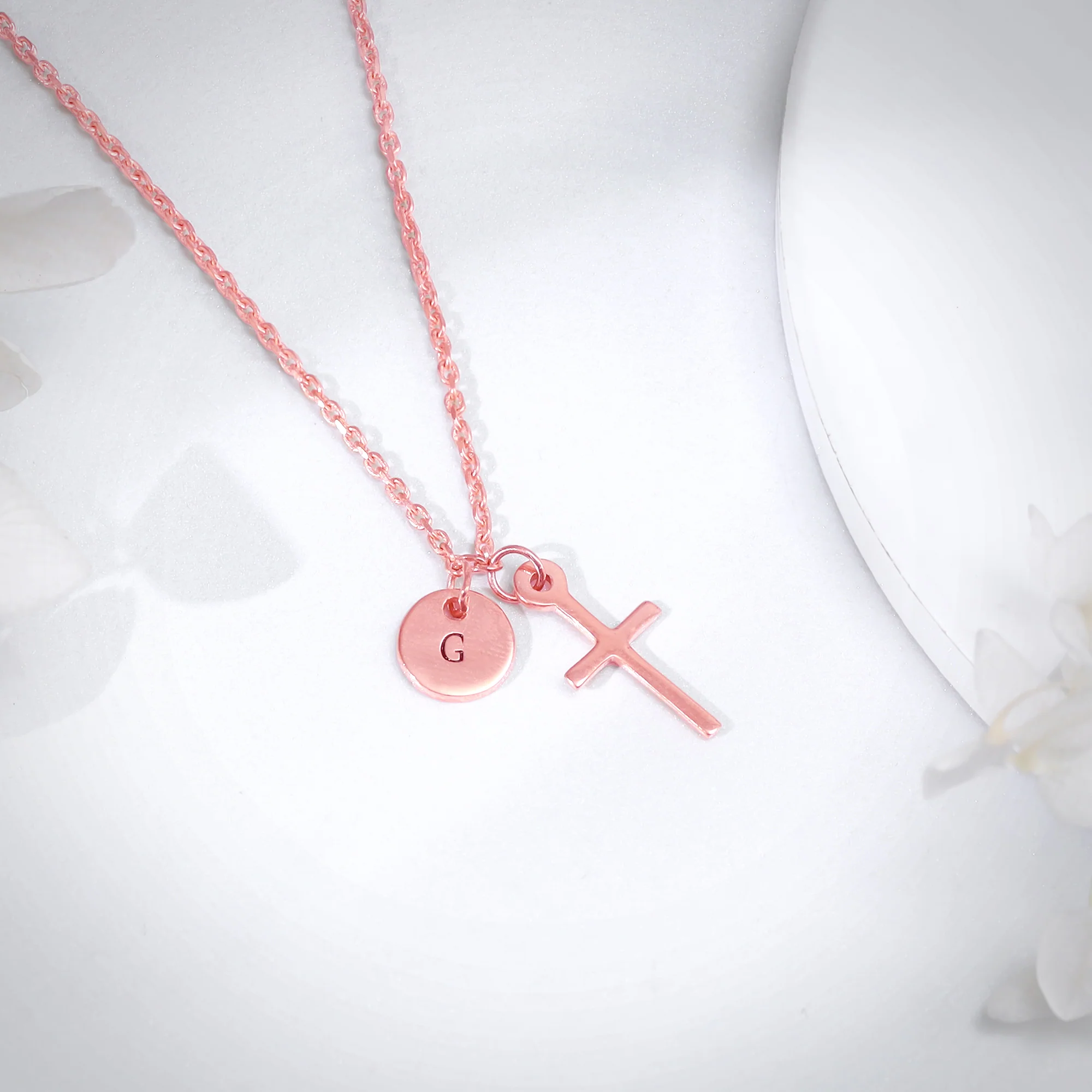 Rose Gold Personalised Halo Cross Pendant With Link Chain - Image 2