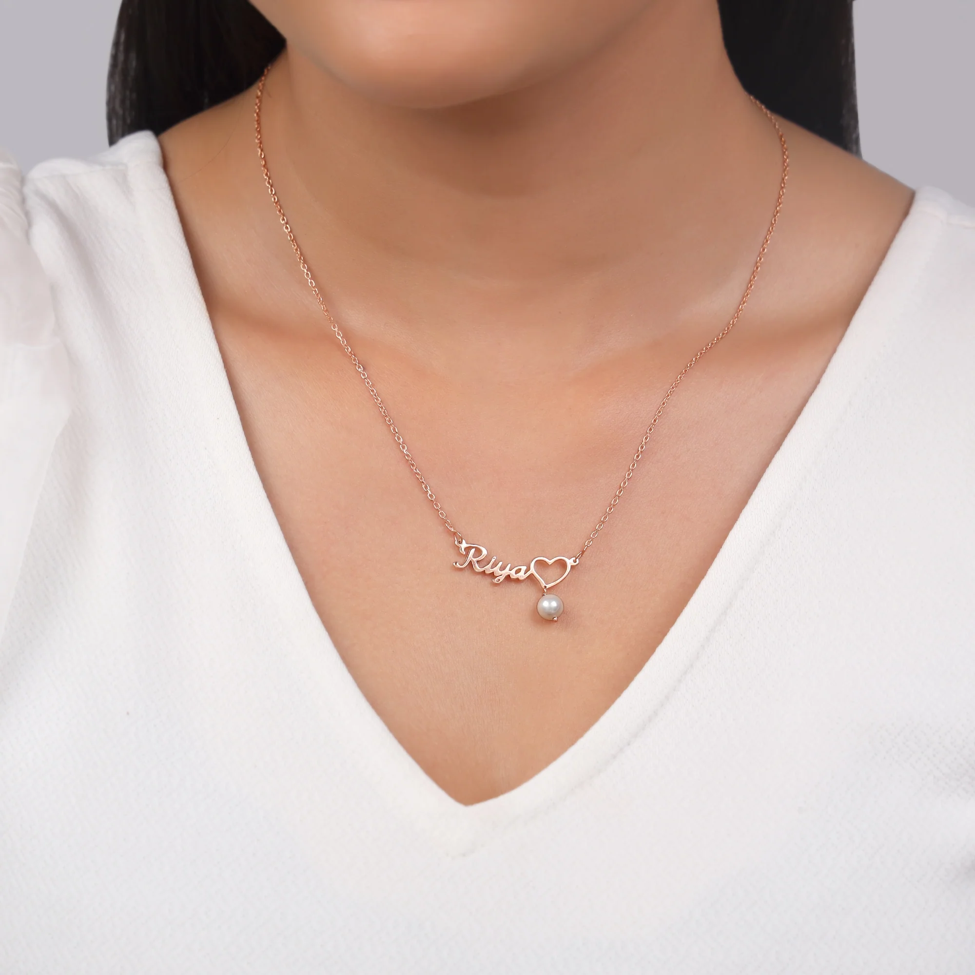 Rose Gold Personalised Pearl Heart Necklace - Image 4