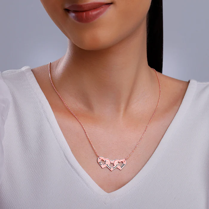 Rose Gold Personalised Triple Heart BFF Necklace - Image 4