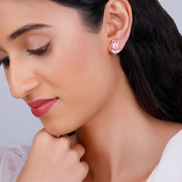 Rose Gold Pink Quartz Flower Earrings - Image 3