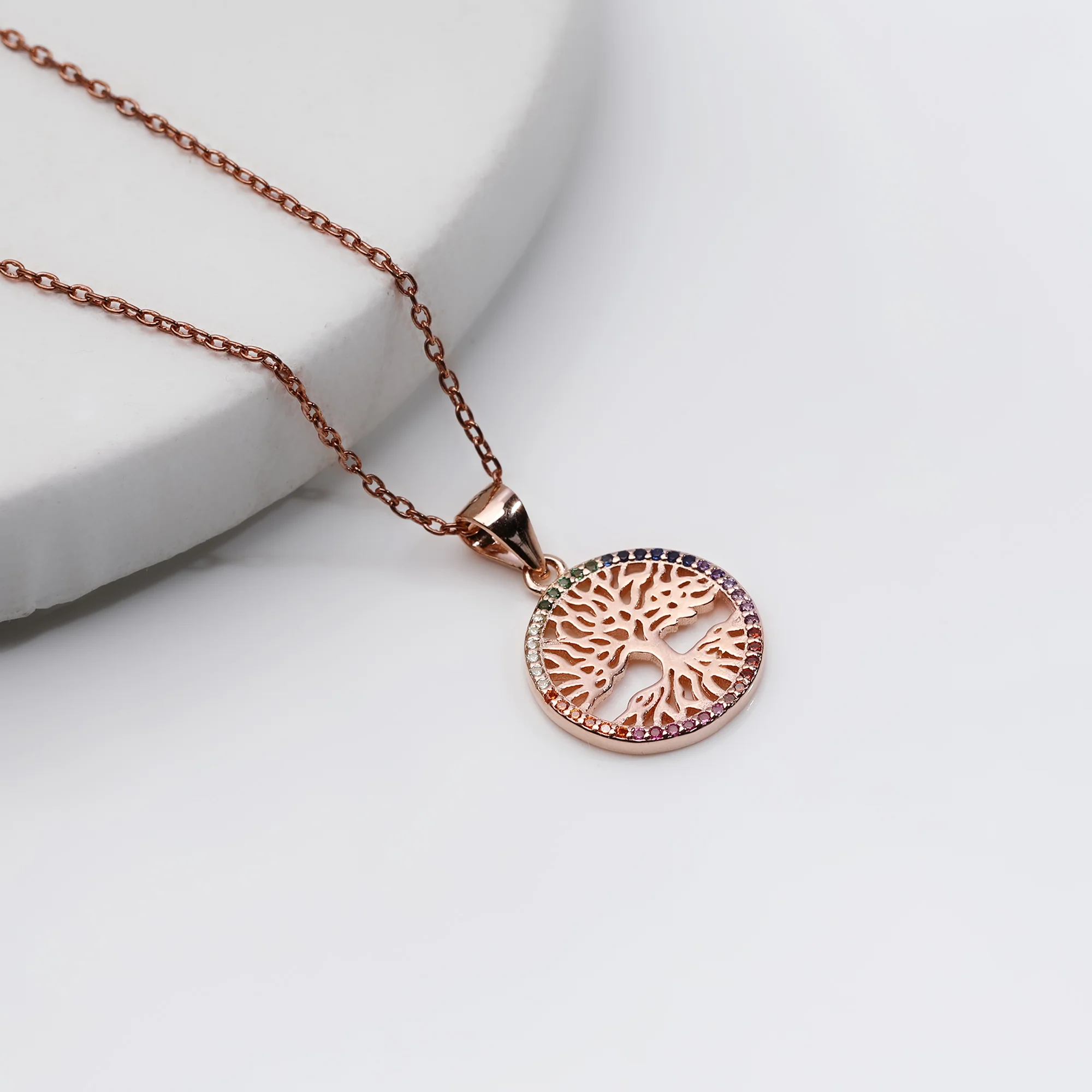 Rose Gold Rainbow Tree of Life Pendant with Link Chain - Image 3
