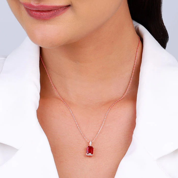 Rose Gold Red Baguette Pendant with Link  Chain - Image 3