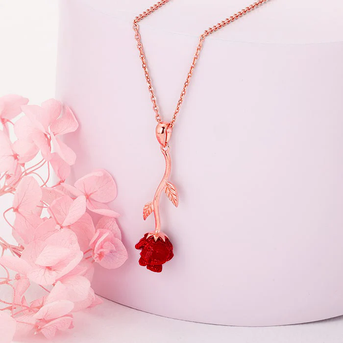 Rose Gold Red Rose Pendant with Link Chain - Image 2