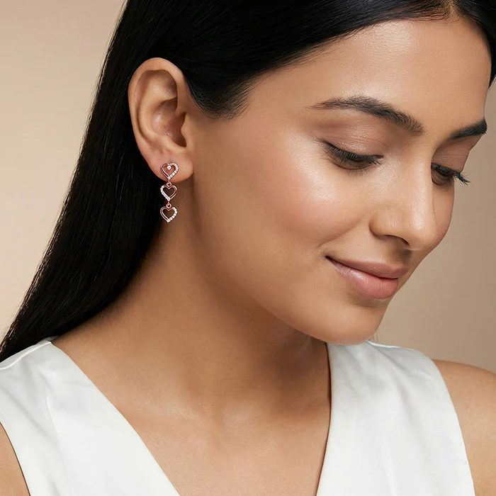 Rose Gold Triple Heart Dangler Earrings - Image 3