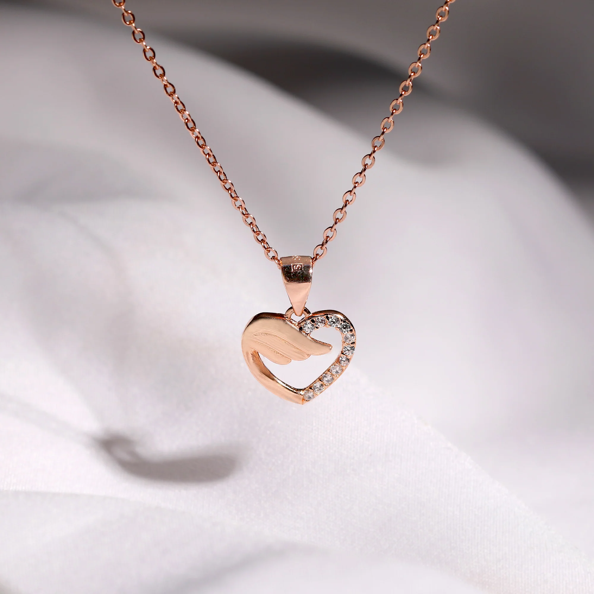 Rose Gold Winged Heart Pendant with Link Chain - Image 2