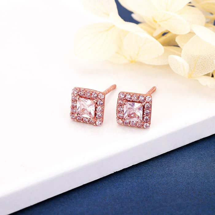Rose Gold Zircon Square Halo Earrings - Image 2