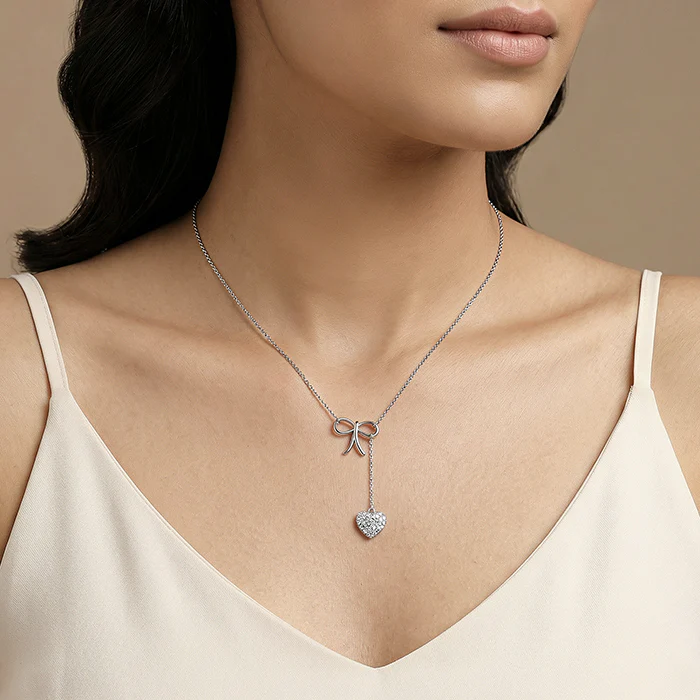 Silver Amora Bow and Heart Lariat Necklace - Image 3