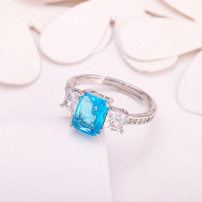 Silver Aqua Blue Baguette Ring - Image 2