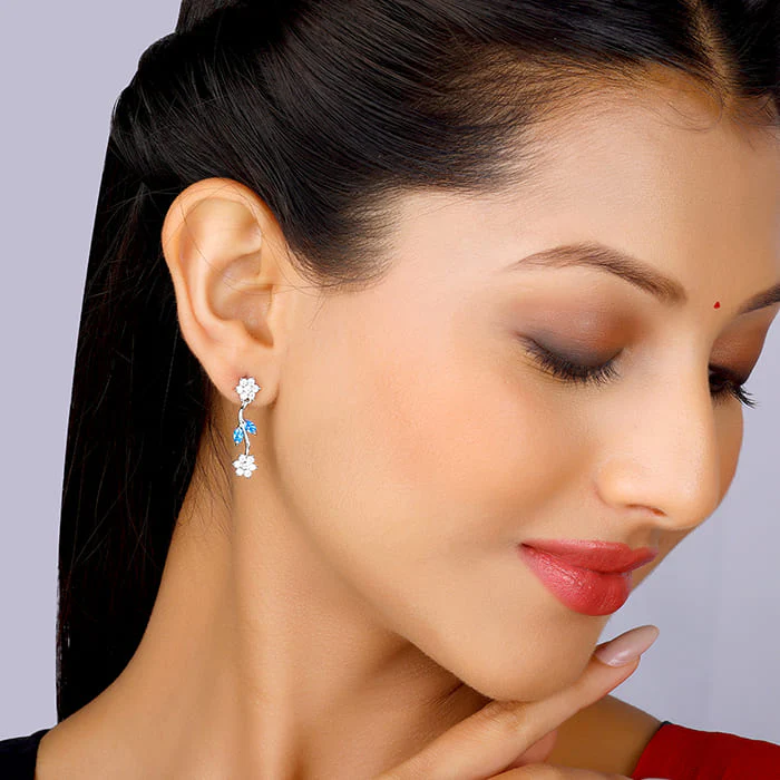 Silver Aqua Blue Floral Earrings - Image 3