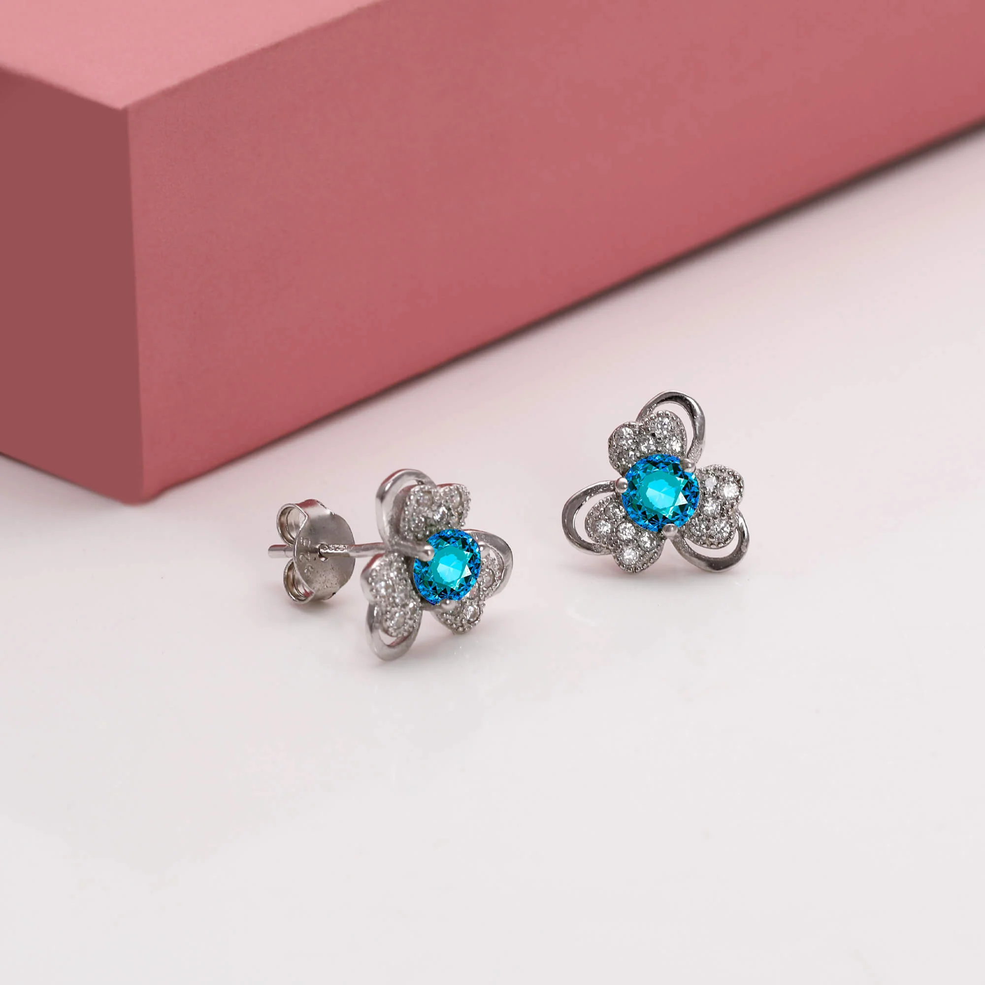Silver Aqua Blue Flower Earrings - Image 3