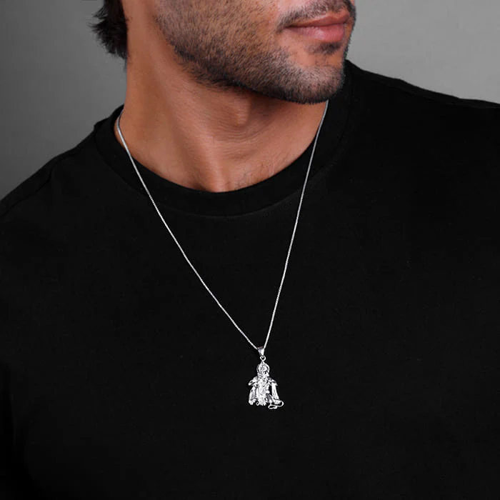 Silver Bhakta Hanuman Pendant with Box  Chain For Him - Image 3