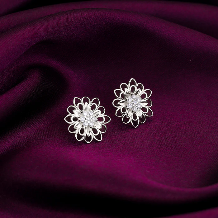 Silver Blooming Flower Stud Earrings - Image 2