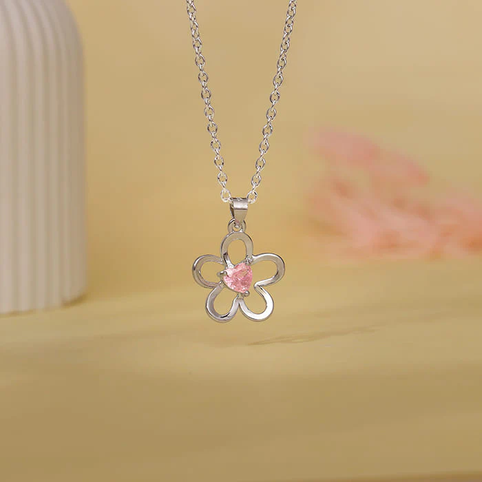 Silver Cherished Flower Pendant With Link Chain - Image 2