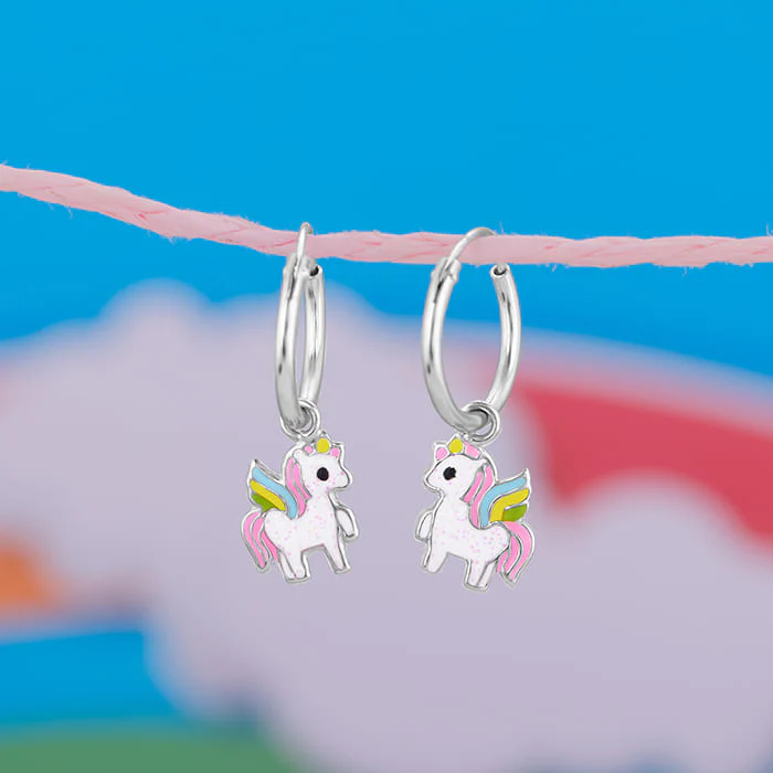 Silver Colourful Unicorn Kids Hoop Earrings (4-12 yrs) - Image 2