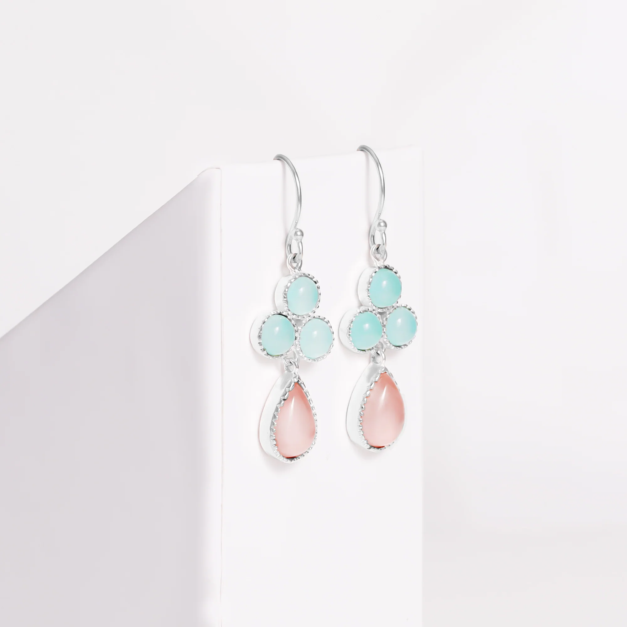 Silver Dual Tone Chalcedony Flower Drop Earrings - Image 2