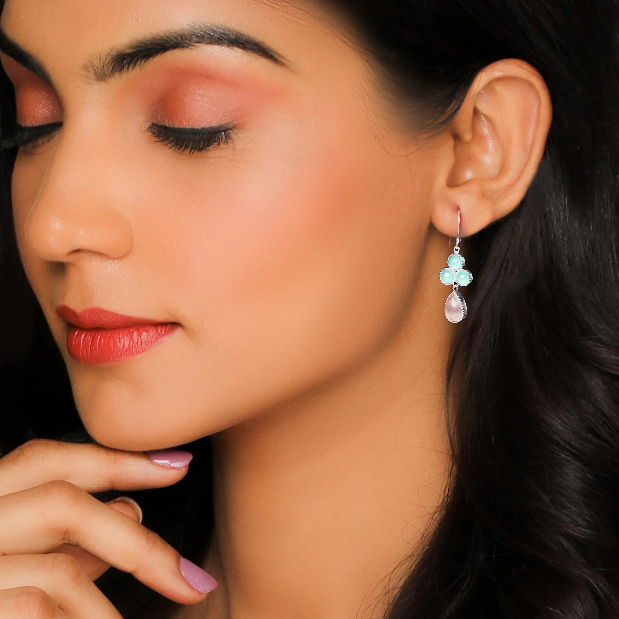 Silver Dual Tone Chalcedony Flower Drop Earrings - Image 3
