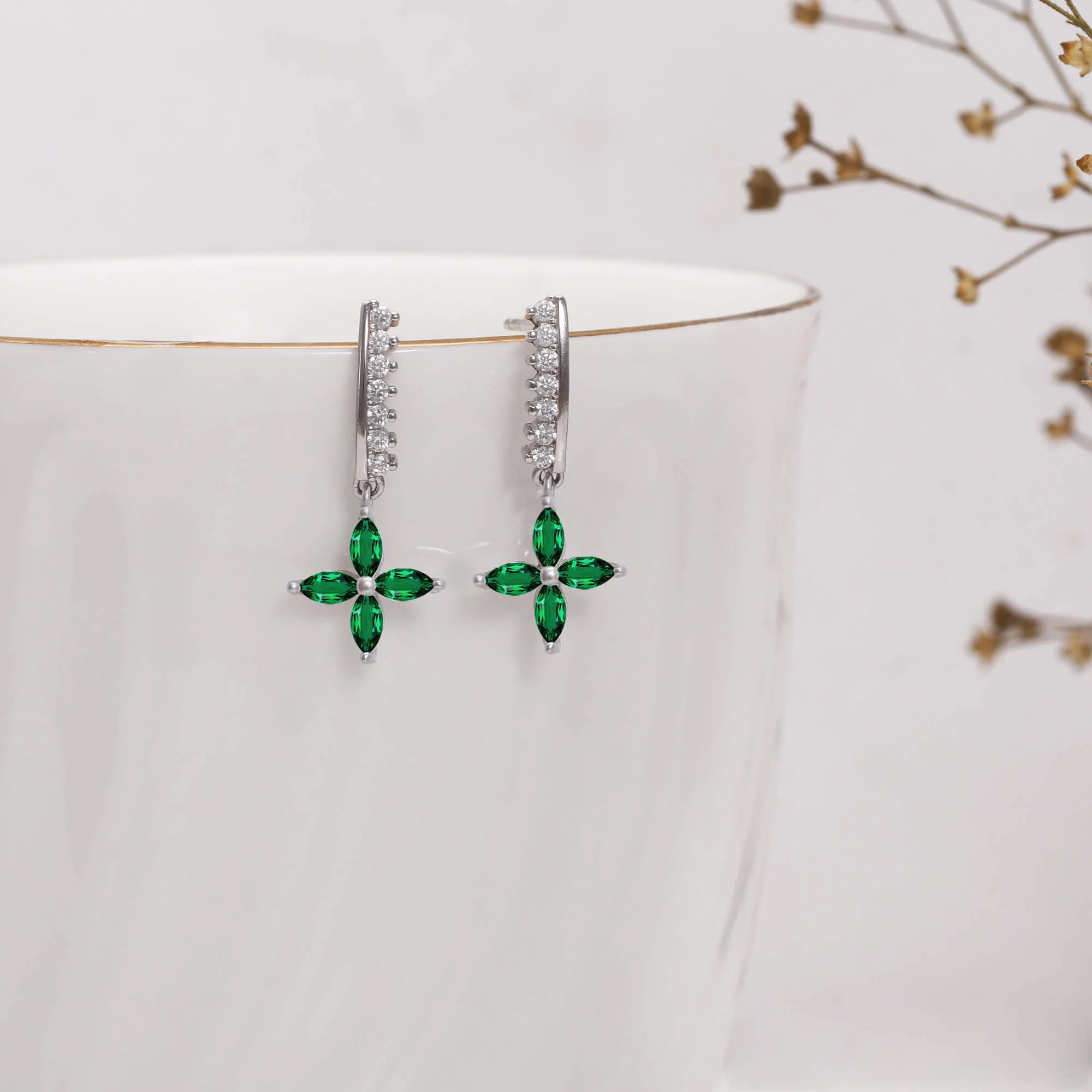 Silver Emerald Green Flower Earrings - Image 3