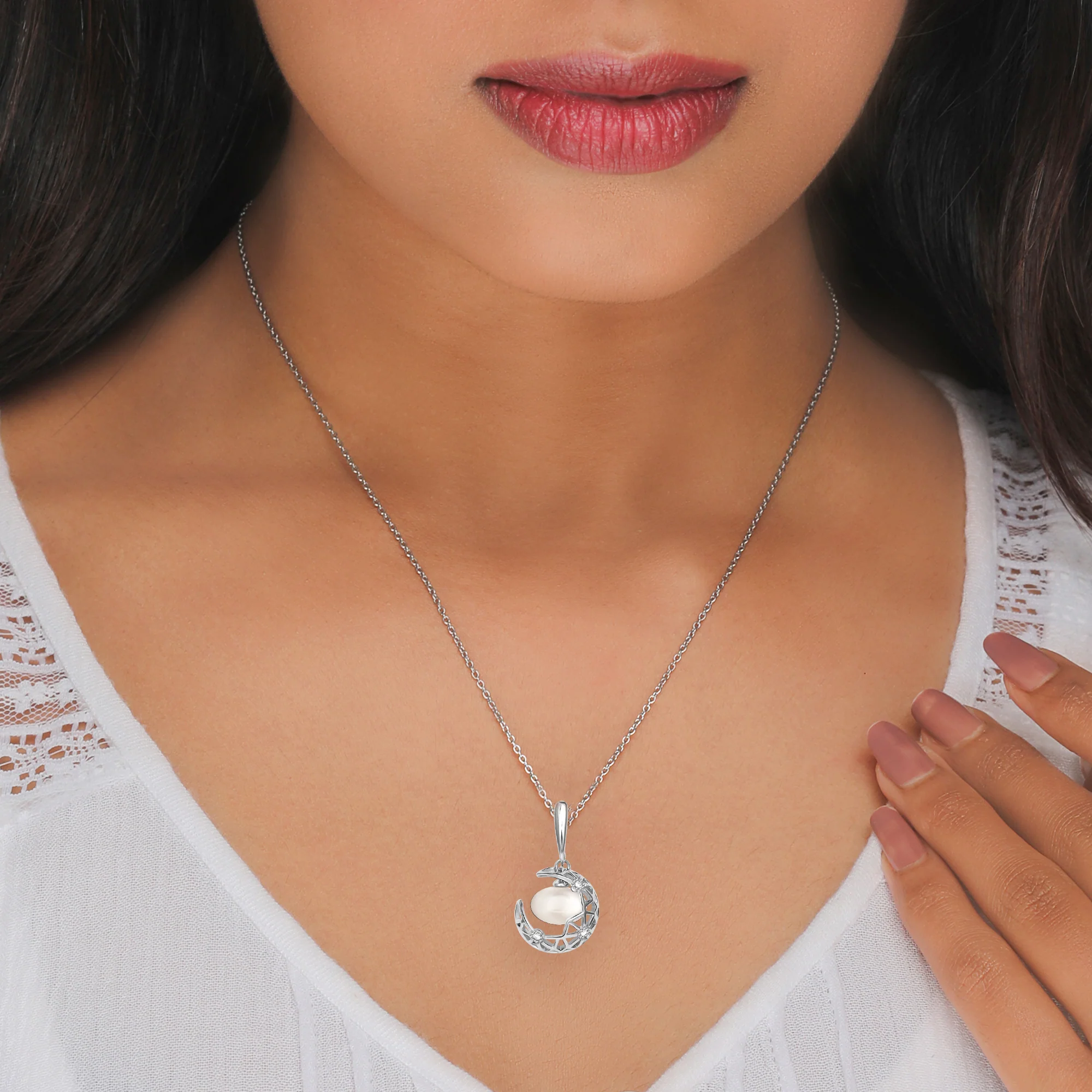 Silver Filigree Pearl Crescent Pendant with Link Chain - Image 3