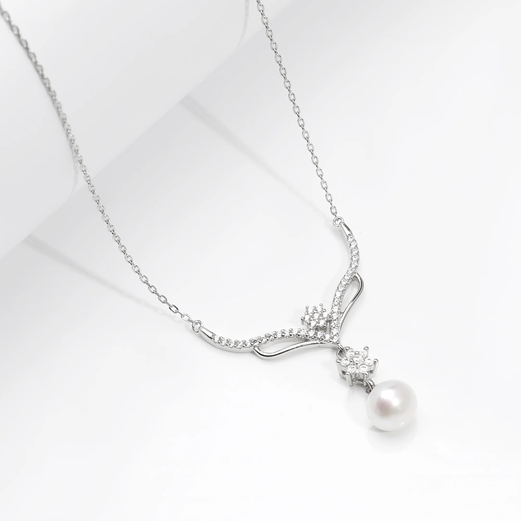 Silver Floral Studded Pearl Necklace - Image 2