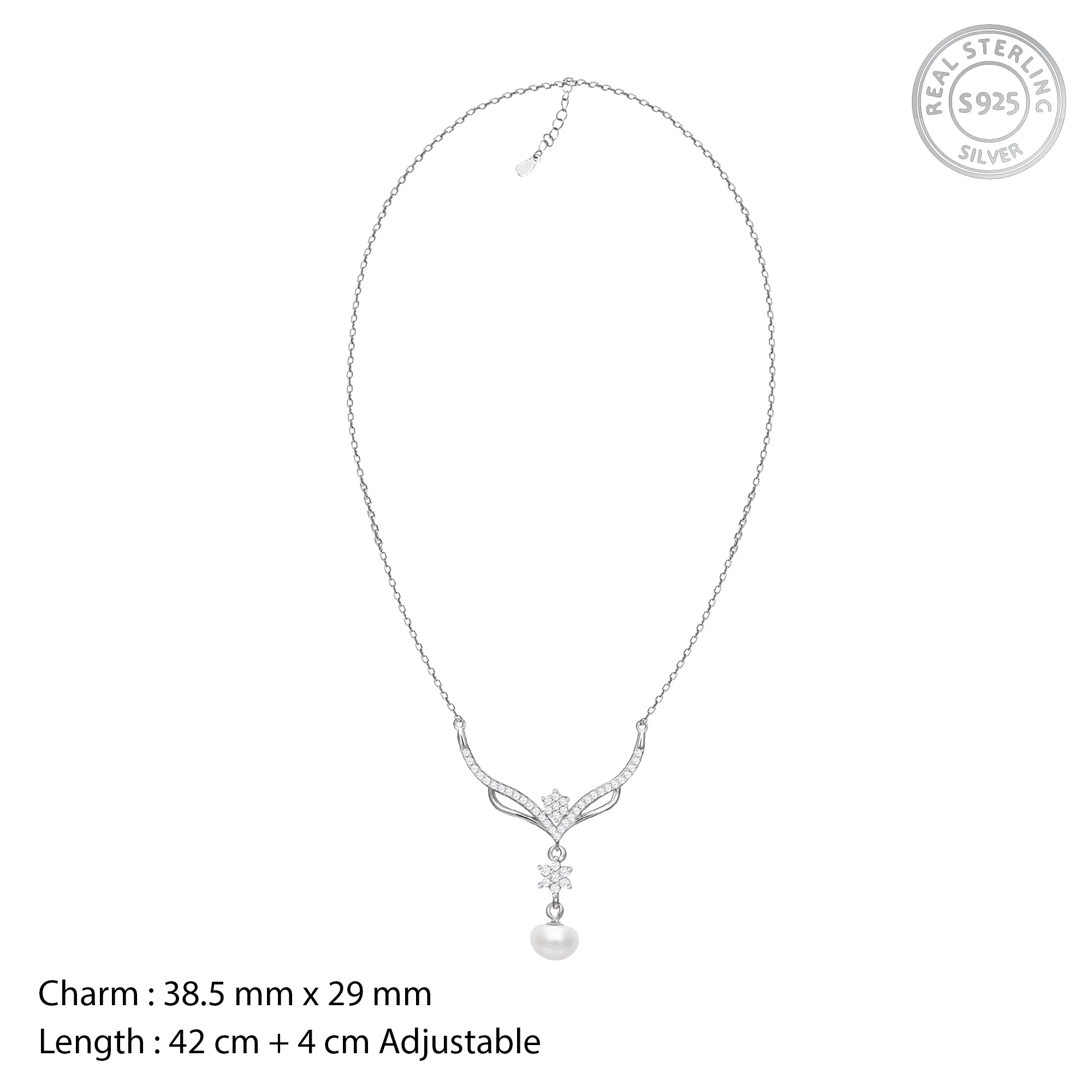 Silver Floral Studded Pearl Necklace - Image 4