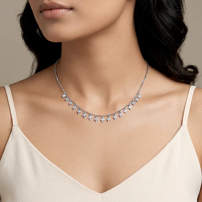 Silver Leaf Fringe Choker Necklace - Image 3