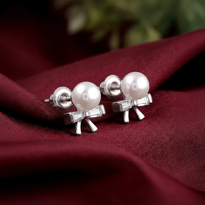 Silver Pearl Bownot Stud Earrings - Image 2