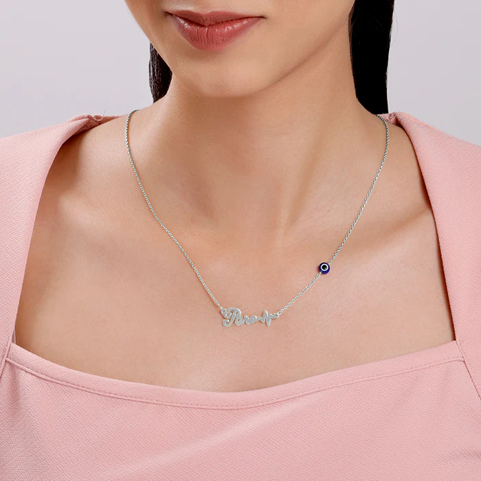 Silver Personalised Evil Eye Heartbeat Necklace - Image 3