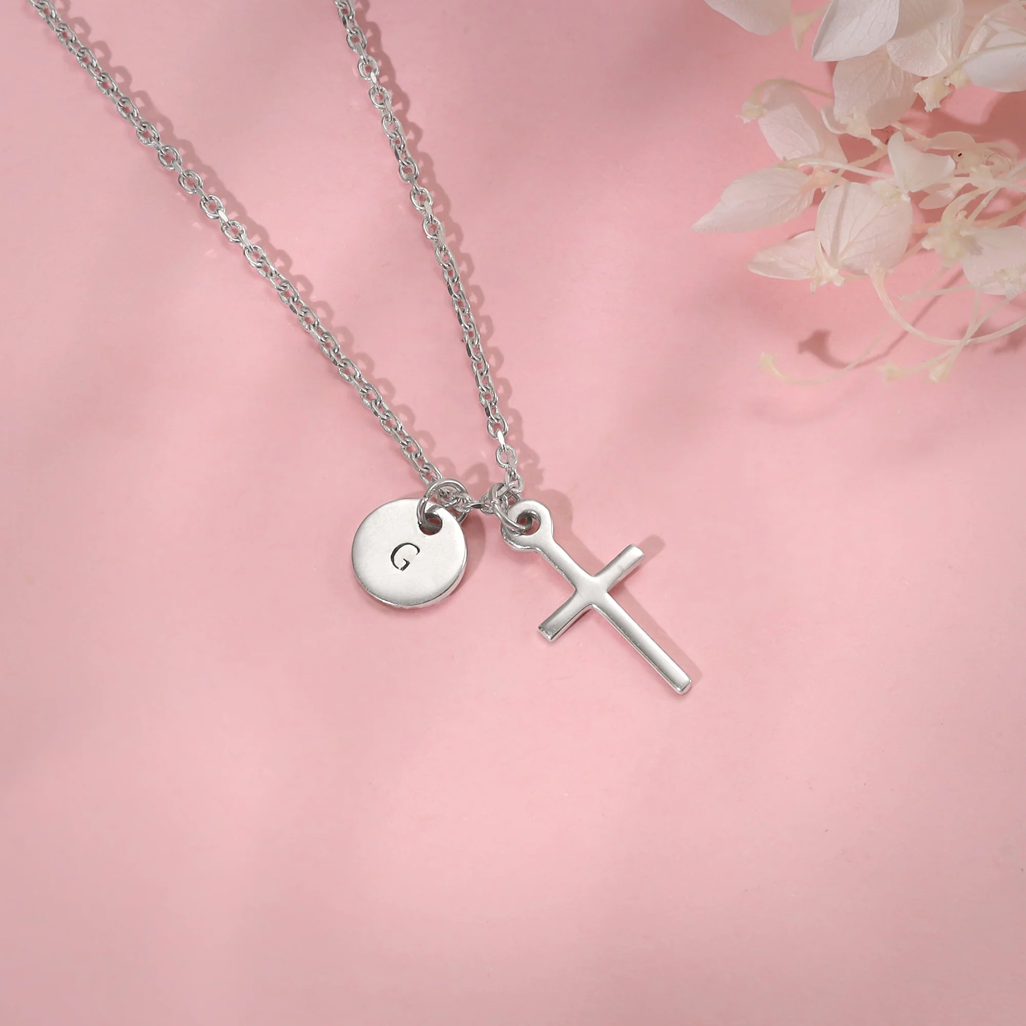 Silver Personalised Halo Cross Pendant With Link Chain - Image 2
