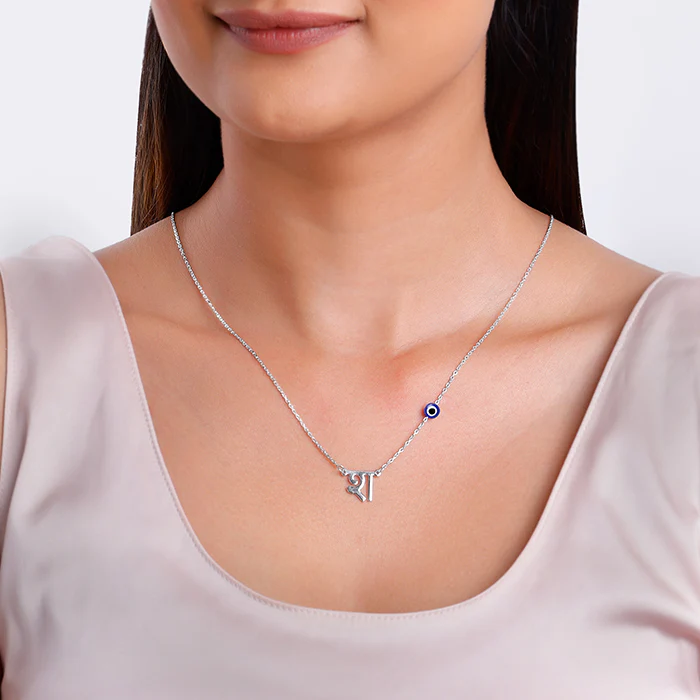 Silver Personalised Hindi Initial Evil Eye Necklace - Image 3