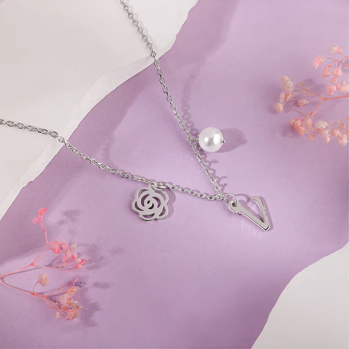 Silver Personalised Pearl Rosey Necklace - Image 3