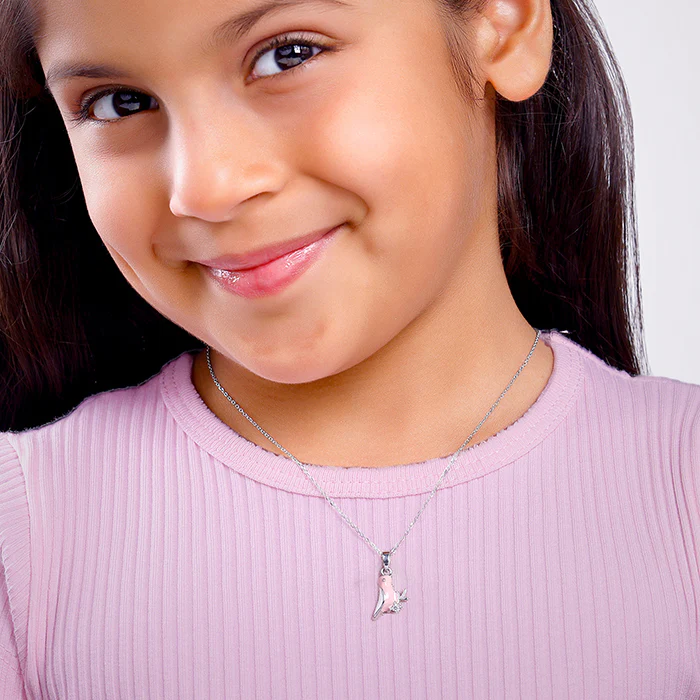 Silver Pink Bird Kids Pendant With Link Chain - Image 3