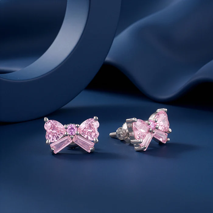 Silver Pink Bow Stud Earrings - Image 2
