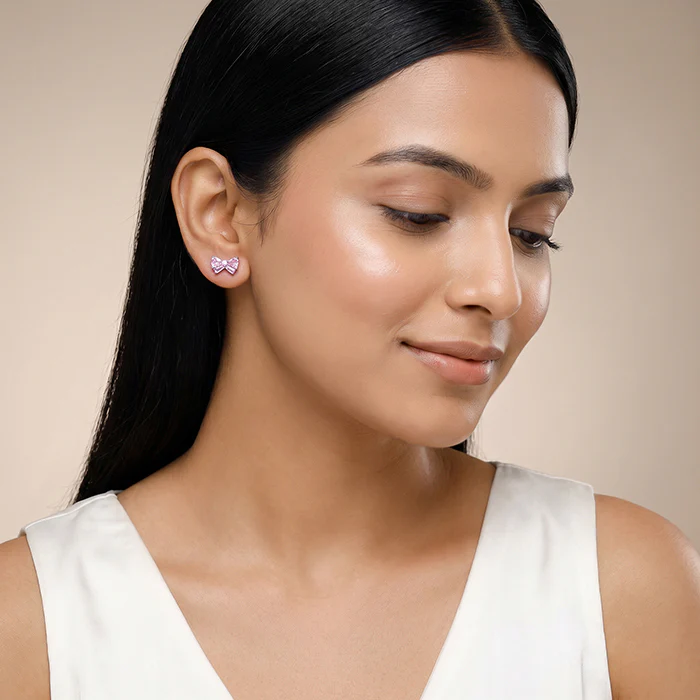 Silver Pink Bow Stud Earrings - Image 3