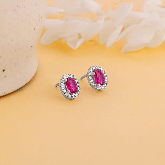 Silver Pink Oval Halo Studs - Image 2
