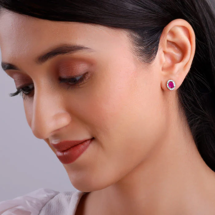 Silver Pink Oval Halo Studs - Image 3