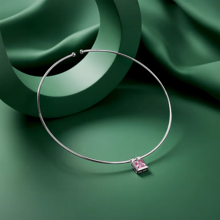 Silver Pink Zircon Square Hasli Necklace - Image 2