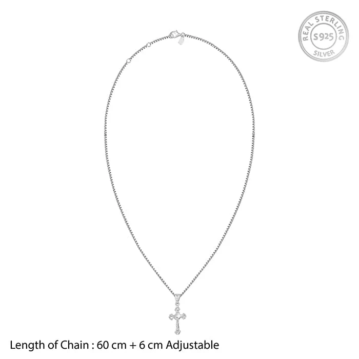 Silver Striped Cross Pendant with Box Chain For Him - Image 6