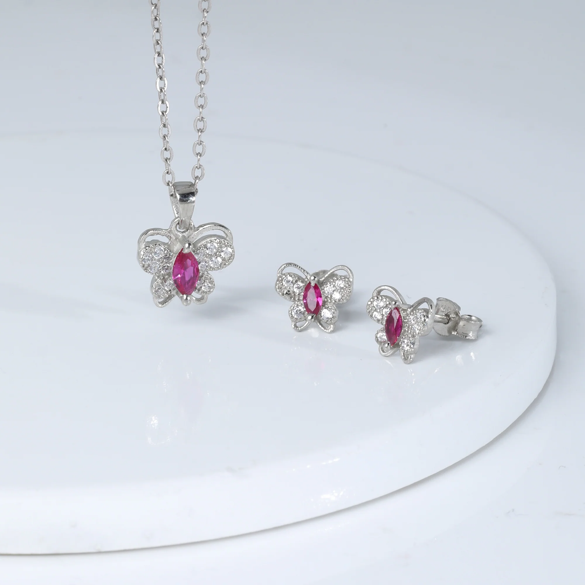 Silver Pop Pink Studded Butterfly Pendant Set - Image 2