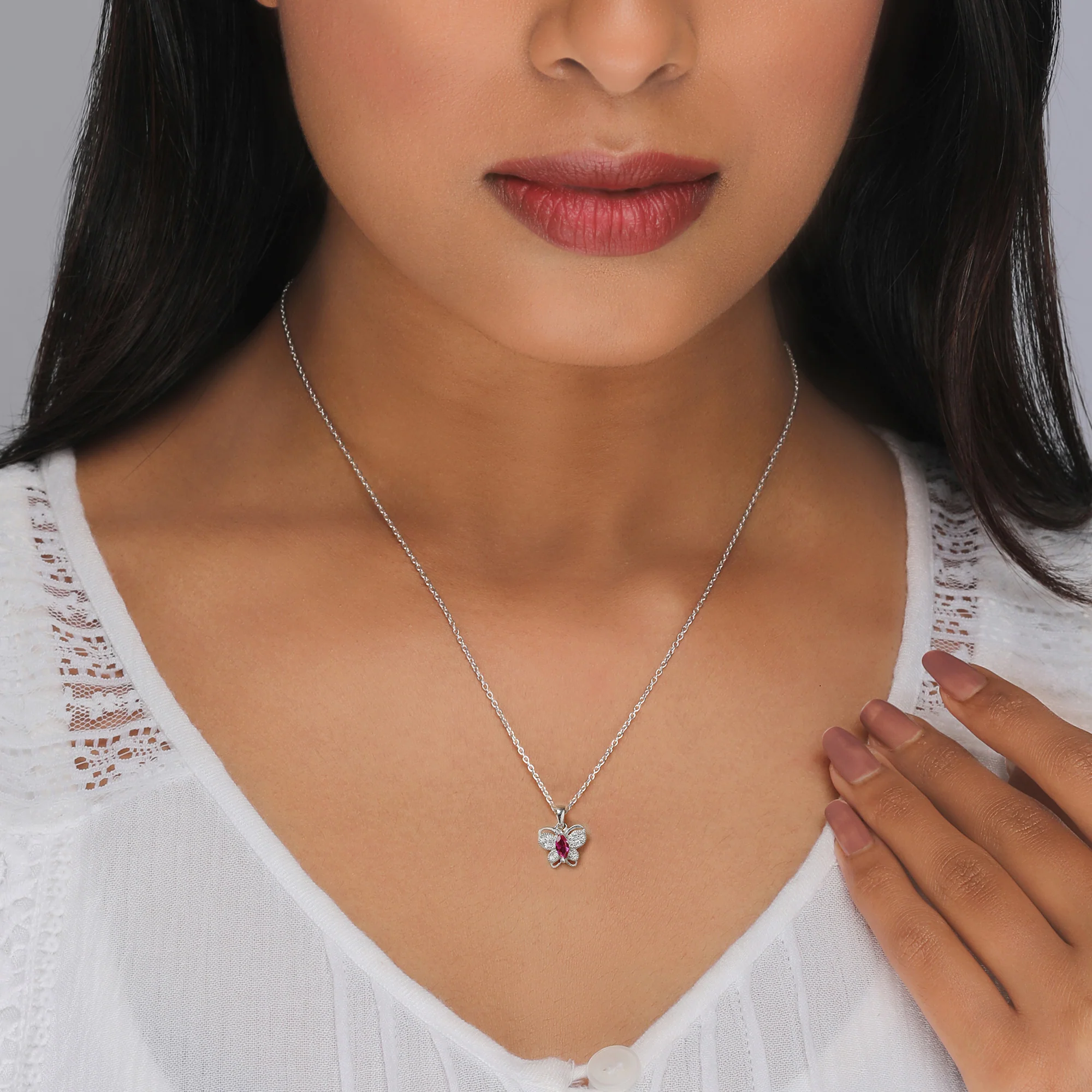 Silver Pop Pink Studded Butterfly Pendant With Link Chain - Image 3