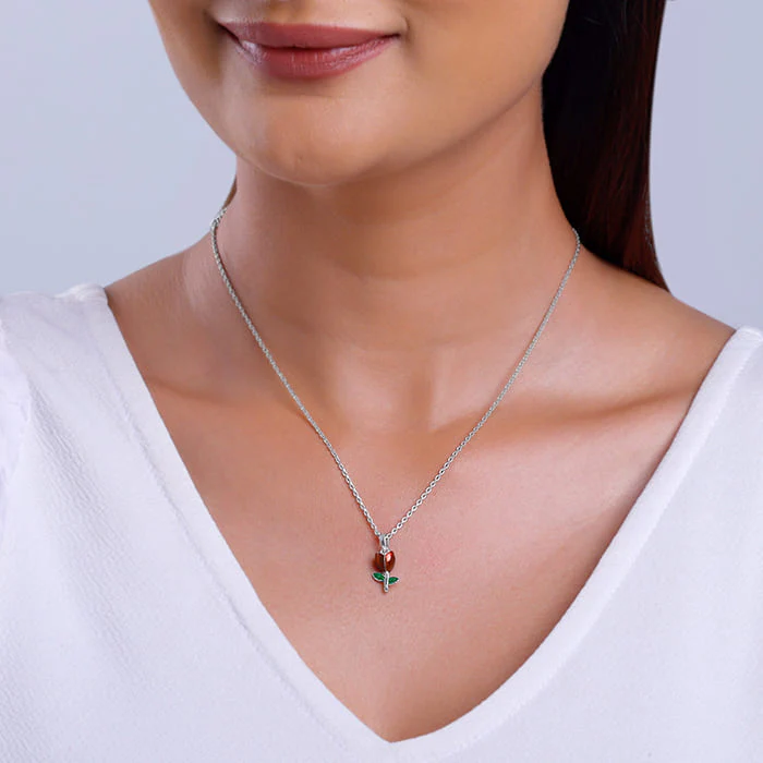 Silver Red Roses Pendant With Link Chain - Image 3