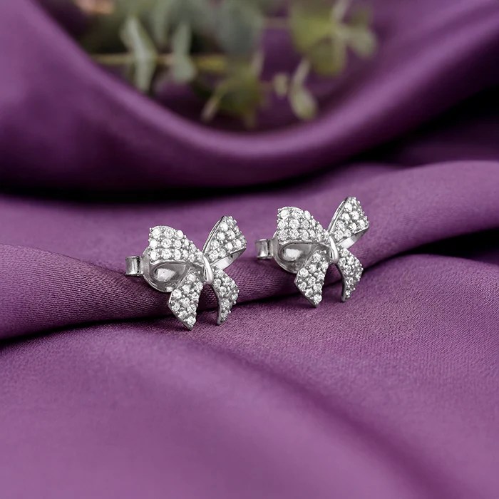 Silver Ribbon Bow Earrings - Image 2