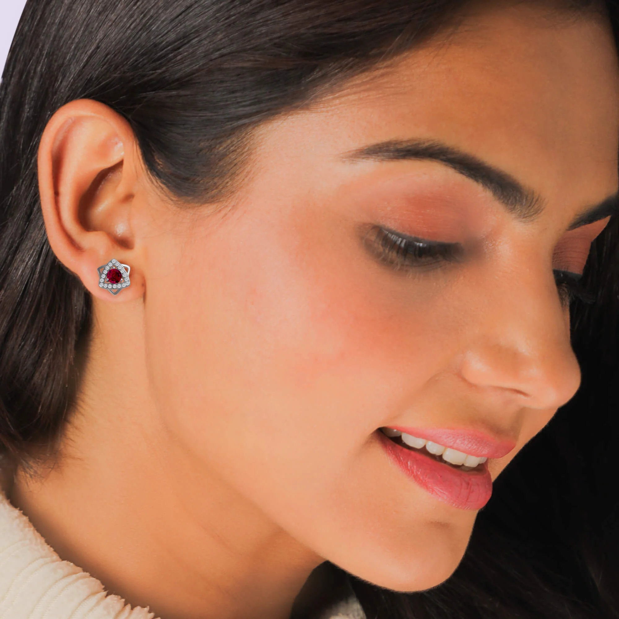 Silver Ruby Red Star Earrings - Image 3