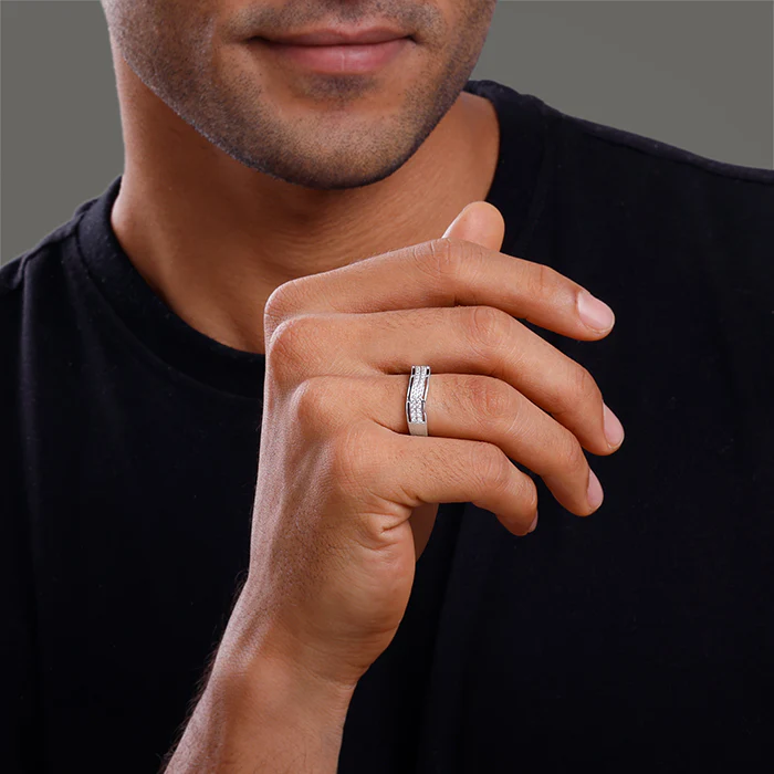 Silver Shimmer Wave Ring For Him - Image 3