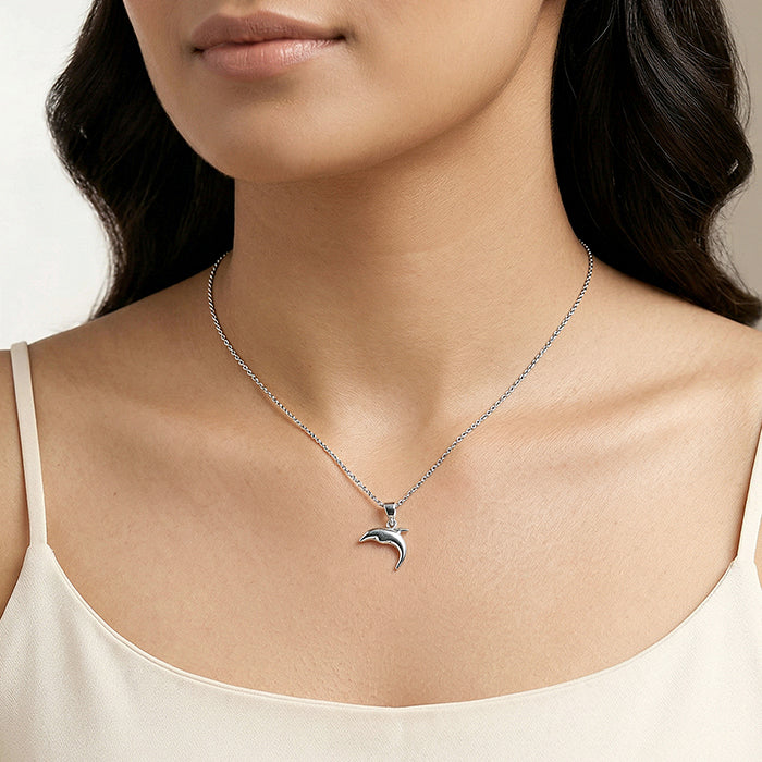 Silver Smiling Dolphin Pendant With Link Chain - Image 3
