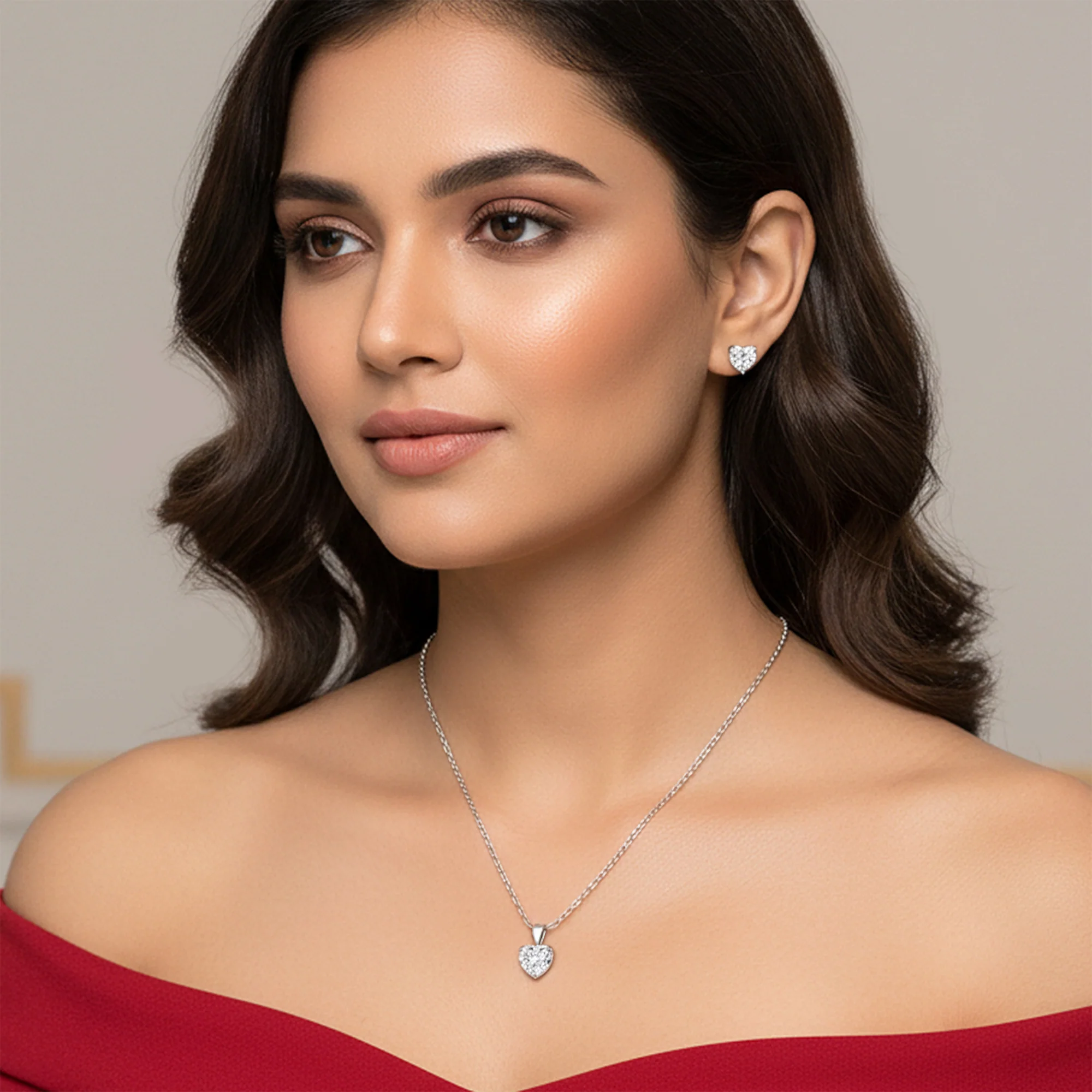 Silver Solitaire Heart Set with Link Chain - Image 2