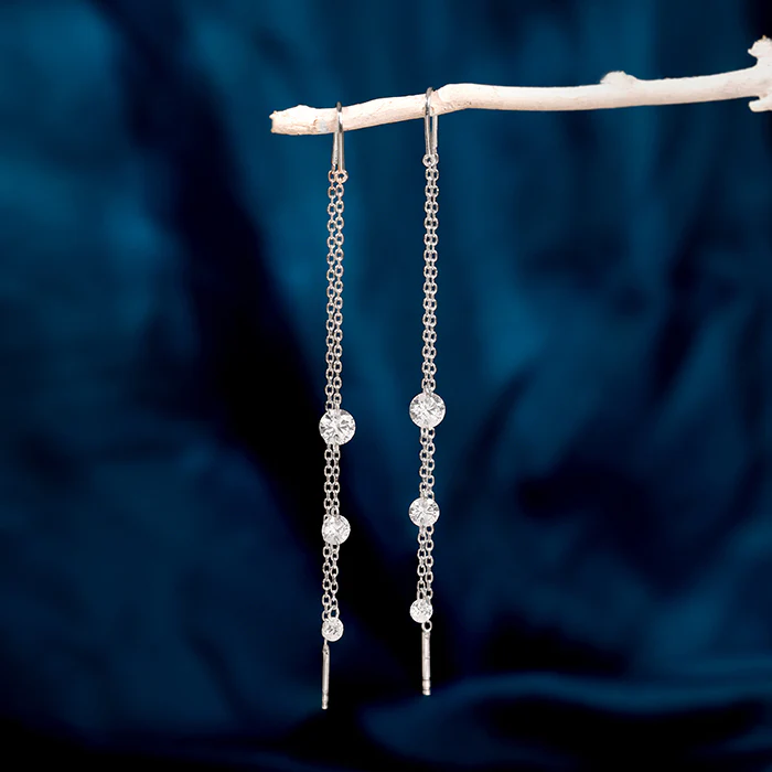 Silver Sparkling Sui Dhaga Earrings - Image 2