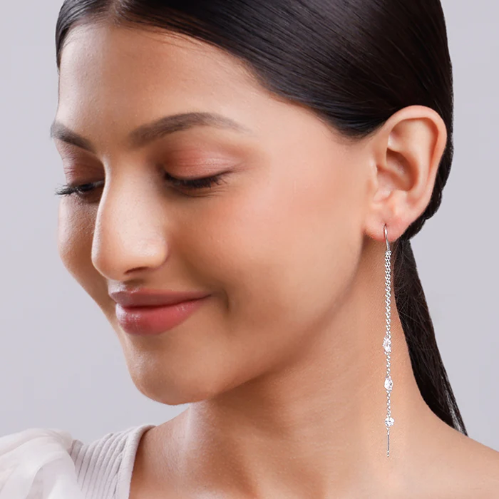 Silver Sparkling Sui Dhaga Earrings - Image 3
